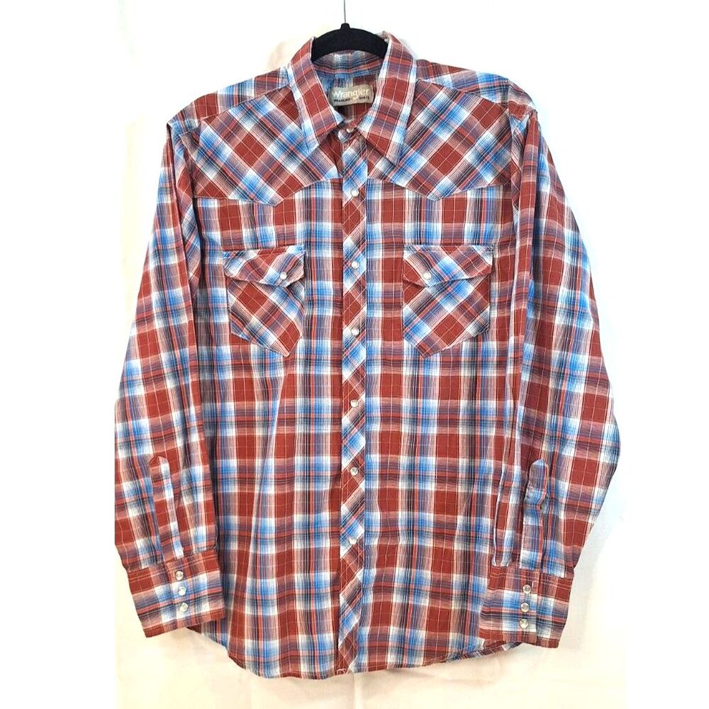 Wrangler Western Long Sleeve Pearl Snap Mens Shirt Blue & Red Plaid